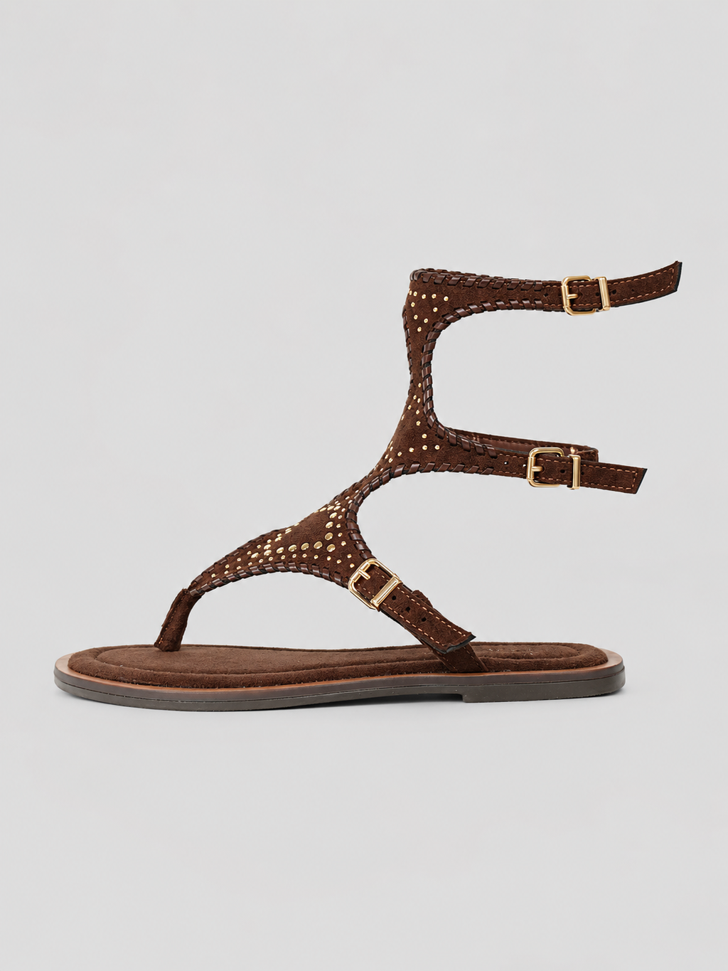 Sandalias Romanas Planas Mujer con Tachuelas Doradas y Pulsera al Tobillo, Estilo Gladiador, Cómodas para Verano, Vacaciones, Vestidos y Looks Boho