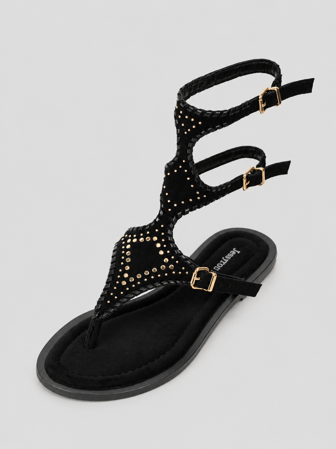 Sandalias Romanas Planas Mujer con Tachuelas Doradas y Pulsera al Tobillo, Estilo Gladiador, Cómodas para Verano, Vacaciones, Vestidos y Looks Boho