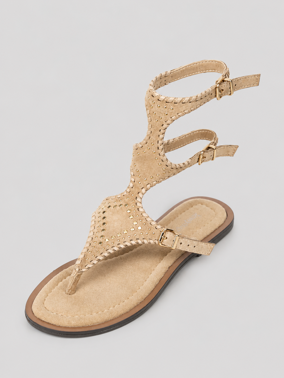 Sandalias Romanas Planas Mujer con Tachuelas Doradas y Pulsera al Tobillo, Estilo Gladiador, Cómodas para Verano, Vacaciones, Vestidos y Looks Boho