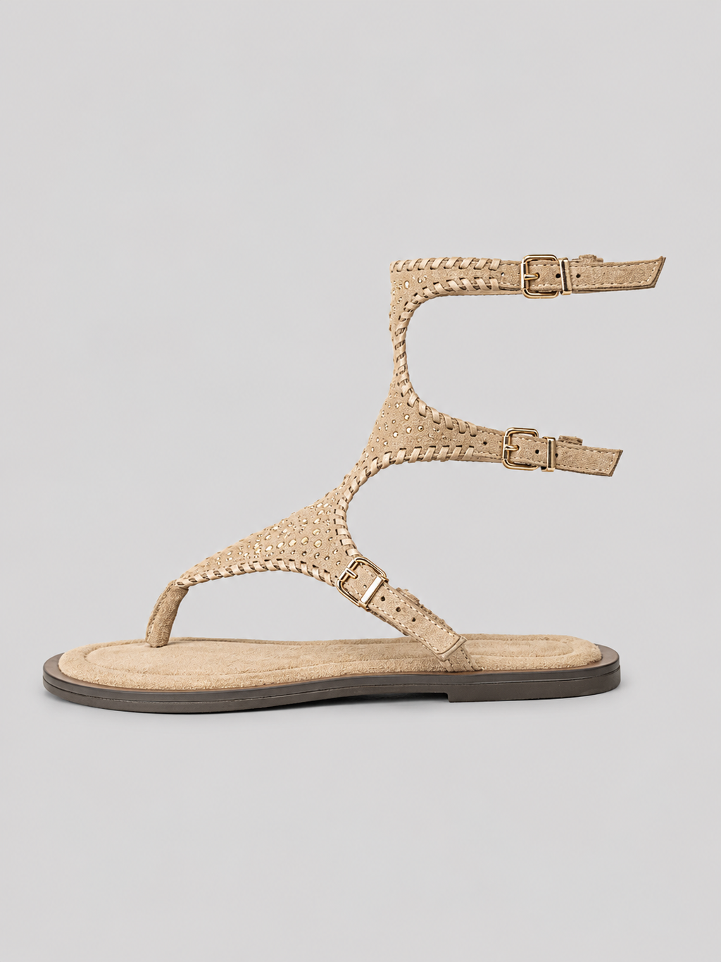 Sandalias Romanas Planas Mujer con Tachuelas Doradas y Pulsera al Tobillo, Estilo Gladiador, Cómodas para Verano, Vacaciones, Vestidos y Looks Boho