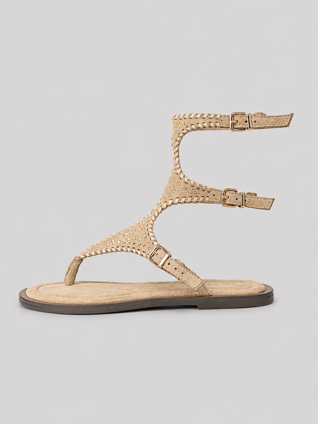 Sandalias Romanas Planas Mujer con Tachuelas Doradas y Pulsera al Tobillo, Estilo Gladiador, Cómodas para Verano, Vacaciones, Vestidos y Looks Boho