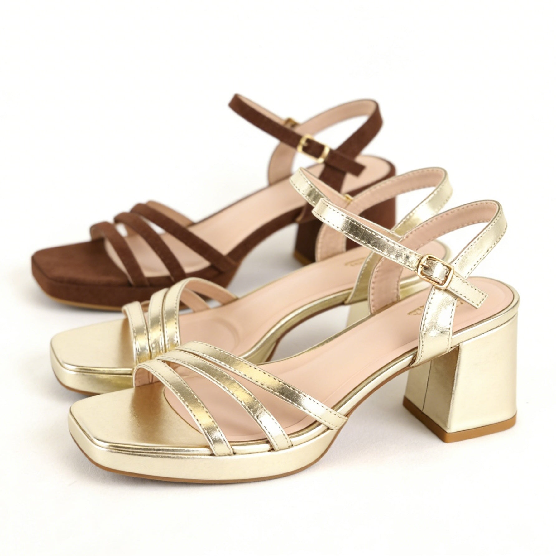 Sandalias de Tacón Medio Cuadrado con Tiras Finas y Pulsera Ajustable al Tobillo, Sandalia de Tacón Ancho Cuadrado en Gamuza Sintética y Cuero Sintético Metalizado para Fiesta, Eventos y Diario