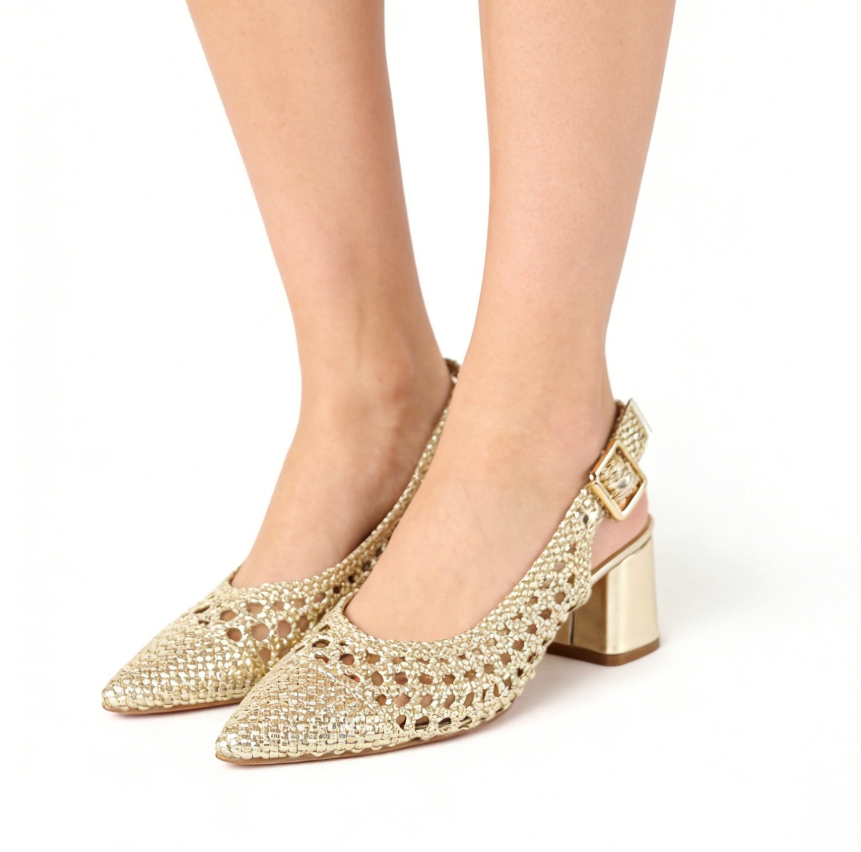 Zapatos Destalonados para Mujer con Punta Fina y Diseño Calado Trenzado de brillo, Zapatos Elegantes de Tacón Medio con Pulsera Ajustable al Tobillo de Material Sintético