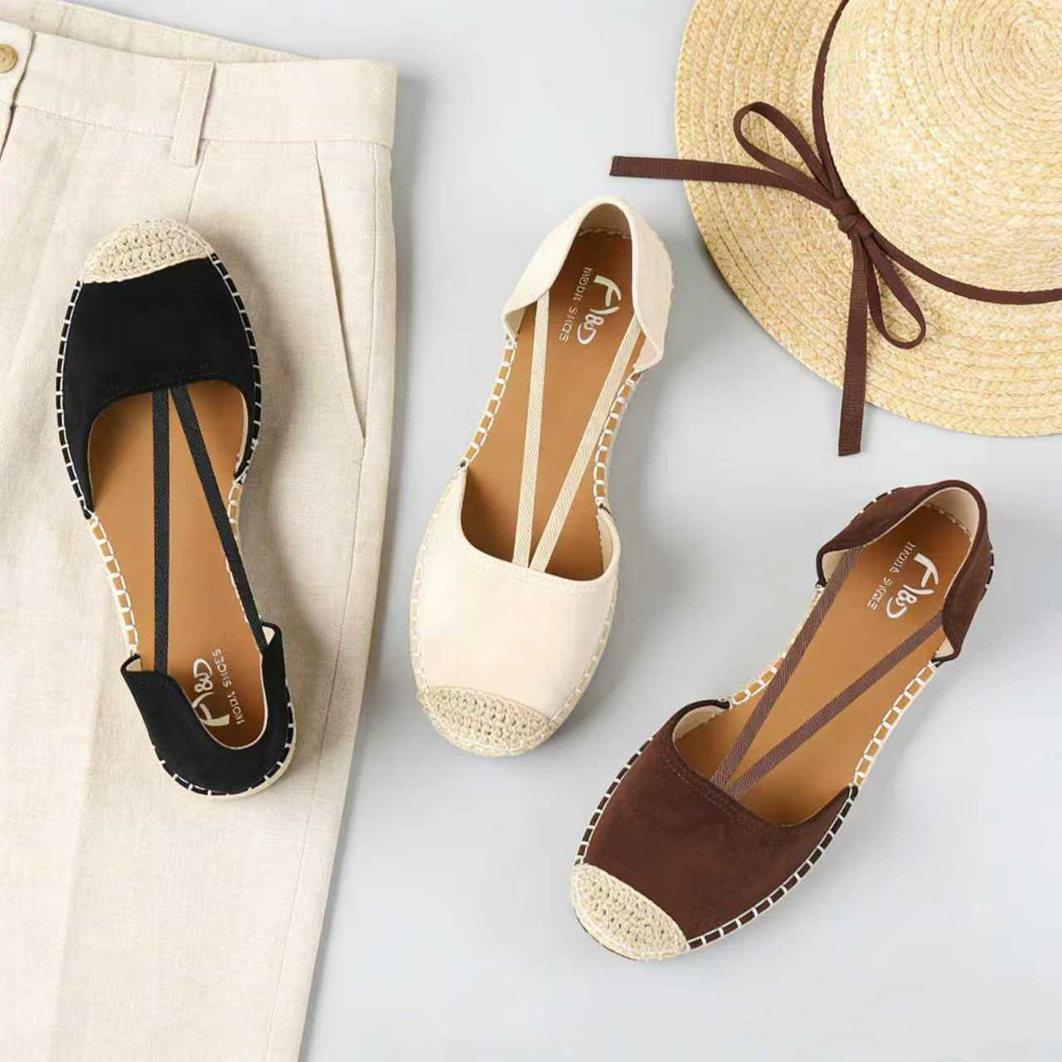 Alpargatas planas con bandas elásticas cruzadas  de verano con laterales abiertos en gamuza sintética para looks casuales, playa y uso diario Sandalias planas tipo espadrille con punta cerrada y suela de yute trenzado