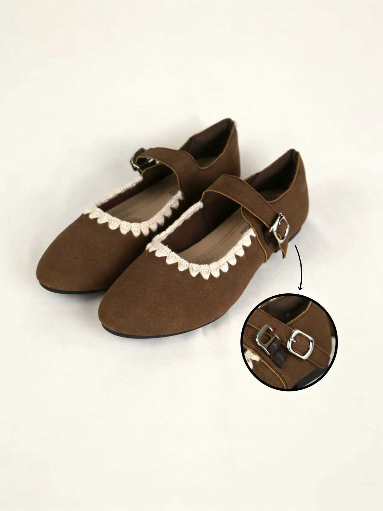 Bailarinas con detalle decorativo ondulado en ganchillo en el borde, tipo Mary Jane para mujer con pulsera y hebilla ajustable, punta redondeada y acabado en gamuza sintética, zapatos planos elegantes para diario, oficina y looks casuales
