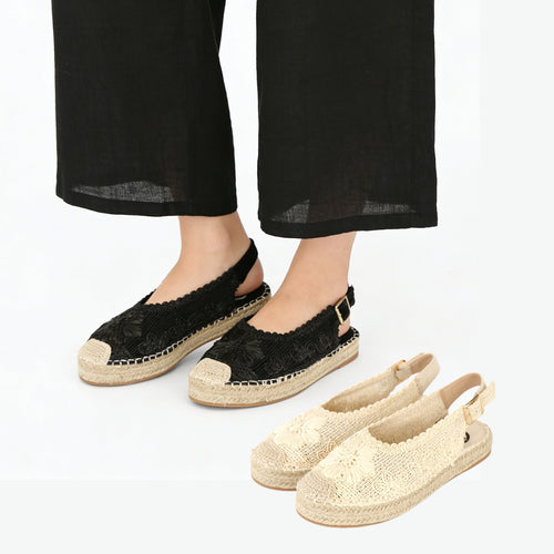 Alpargatas con Flores Bordadas - Alpargatas planas tipo slingback para mujer con puntera cerrada y flores bordadas en relieve, sandalias espadrille con talón abierto y hebilla ajustable, diseño calado con suela efecto yute para looks de verano