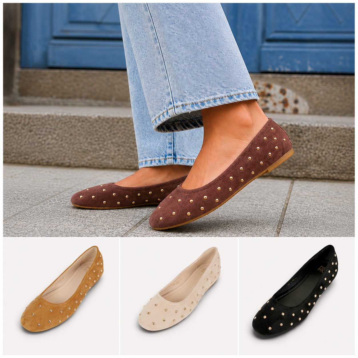 Manoletinas bailarinas con tachas doradas para mujer, zapato plano cómodo, punta redonda, gamuza sintética, plantilla acolchada, calzado casual elegante para diario, oficina, fiestas y eventos