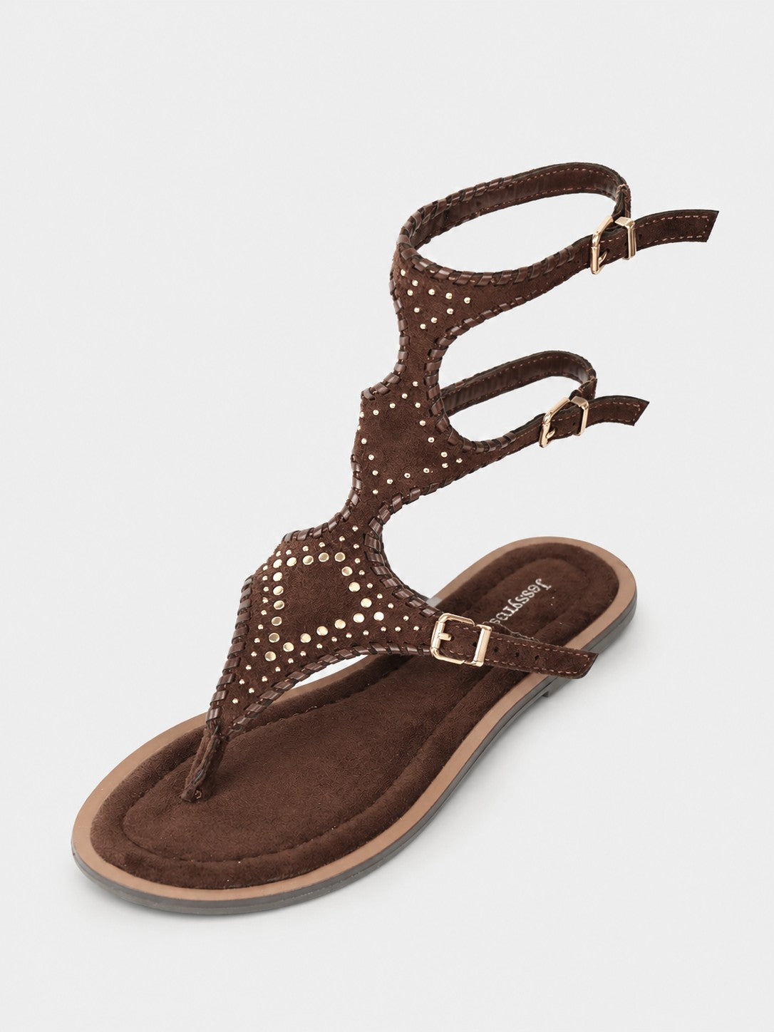 Sandalias Romanas Planas Mujer con Tachuelas Doradas y Pulsera al Tobillo, Estilo Gladiador, Cómodas para Verano, Vacaciones, Vestidos y Looks Boho