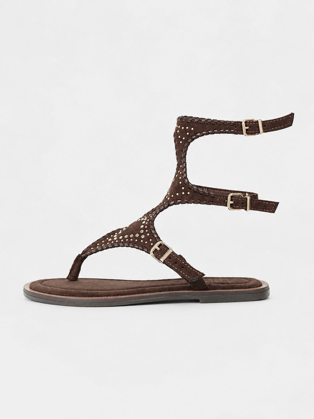 Sandalias Romanas Planas Mujer con Tachuelas Doradas y Pulsera al Tobillo, Estilo Gladiador, Cómodas para Verano, Vacaciones, Vestidos y Looks Boho