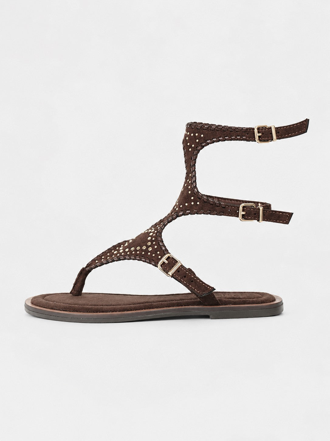 Sandalias Romanas Planas Mujer con Tachuelas Doradas y Pulsera al Tobillo, Estilo Gladiador, Cómodas para Verano, Vacaciones, Vestidos y Looks Boho