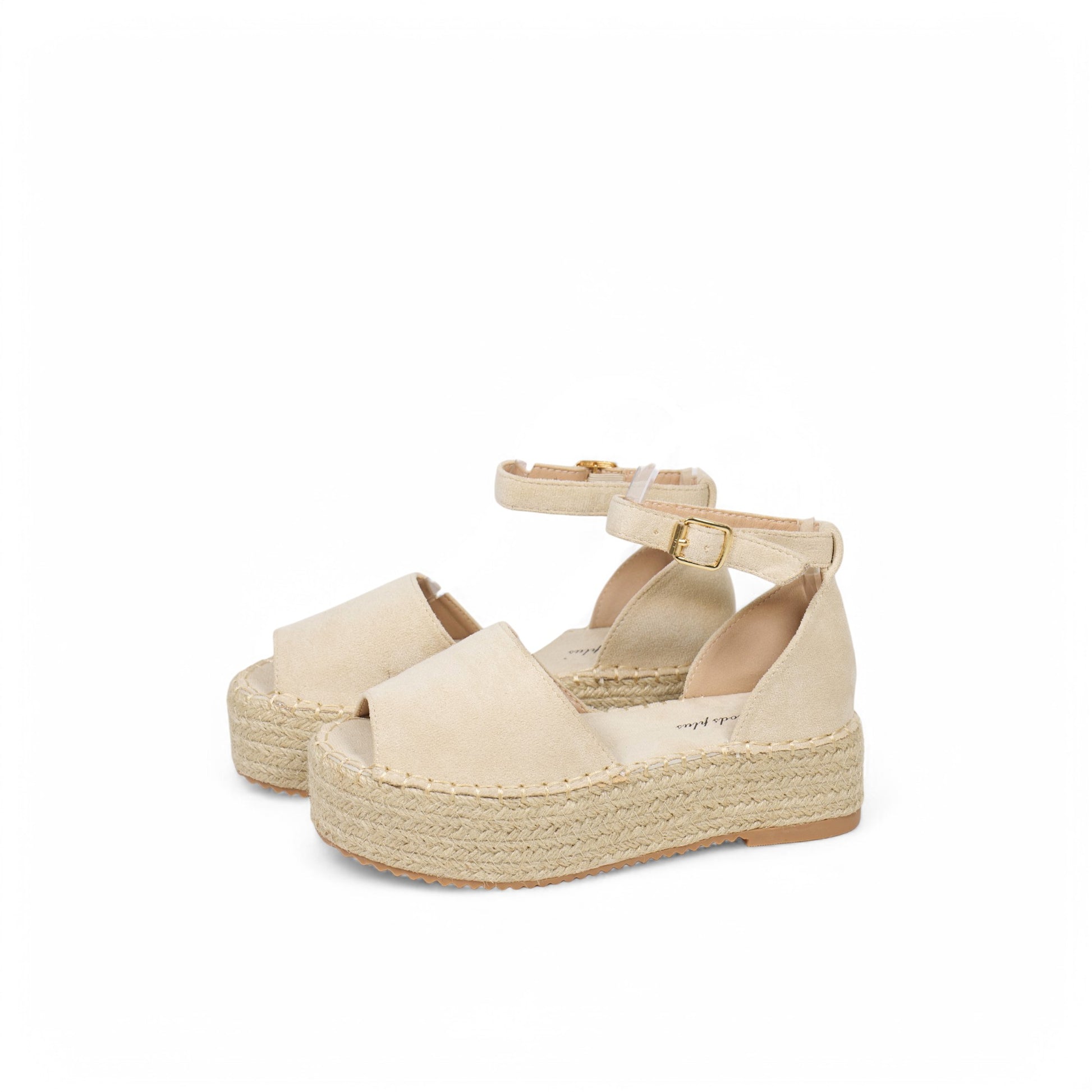 Sandalias con plataforma tipo alpargata para mujer, punta abierta y pulsera con hebilla – estilo casual de verano con suela de yute – disponibles en beige y dorado