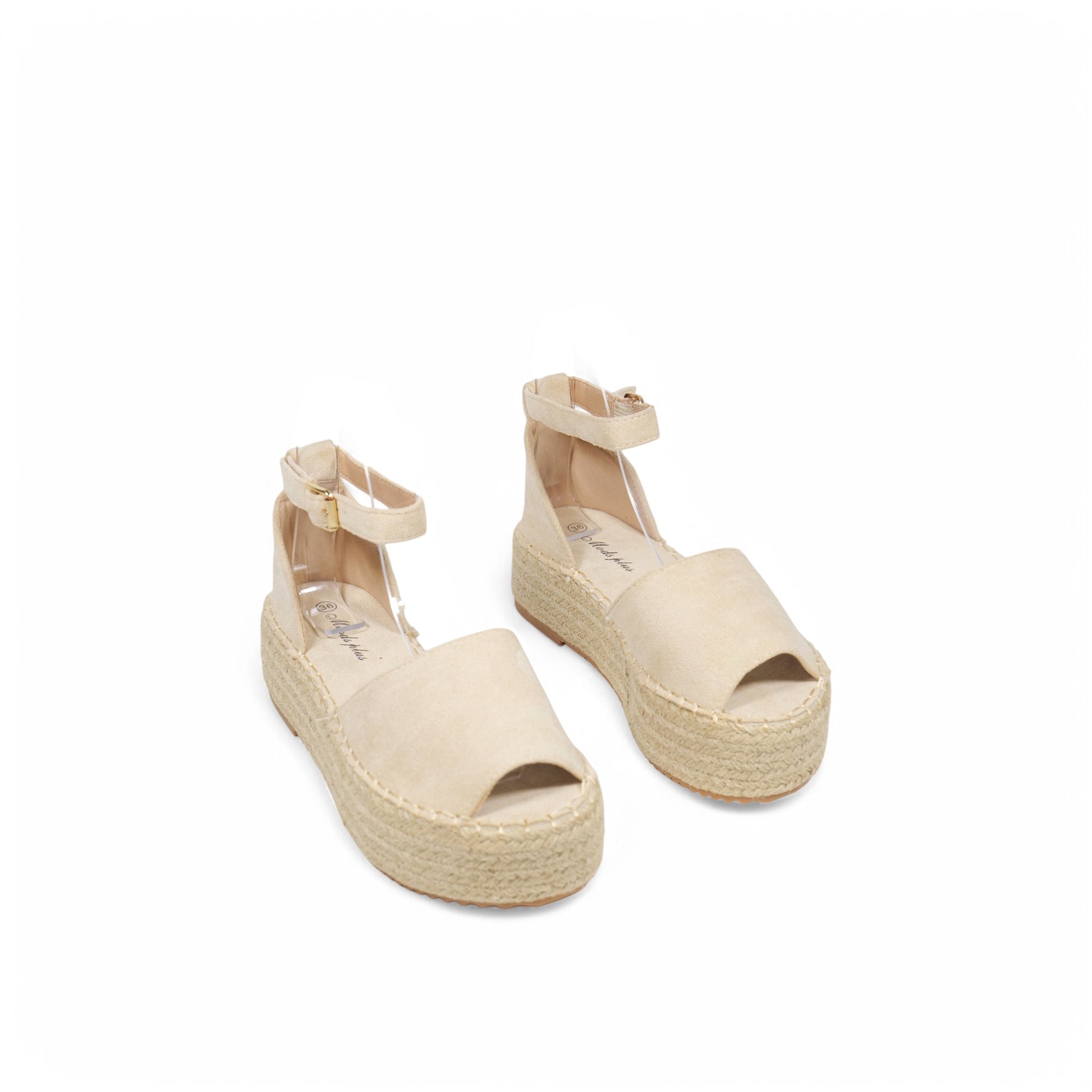 Sandalias con plataforma tipo alpargata para mujer, punta abierta y pulsera con hebilla – estilo casual de verano con suela de yute – disponibles en beige y dorado
