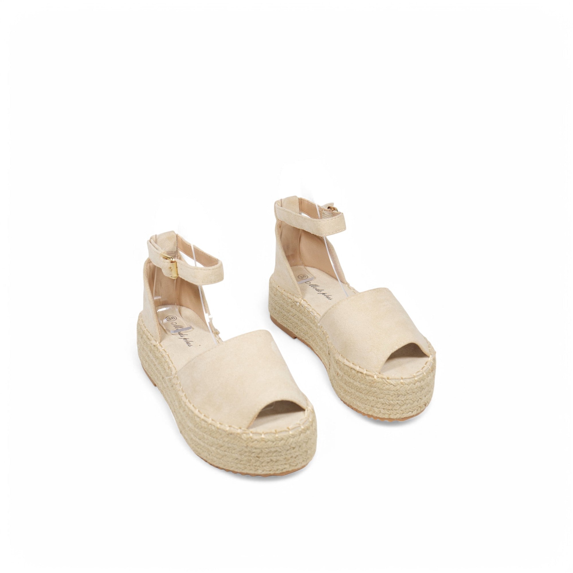 Sandalias con plataforma tipo alpargata para mujer, punta abierta y pulsera con hebilla – estilo casual de verano con suela de yute – disponibles en beige y dorado