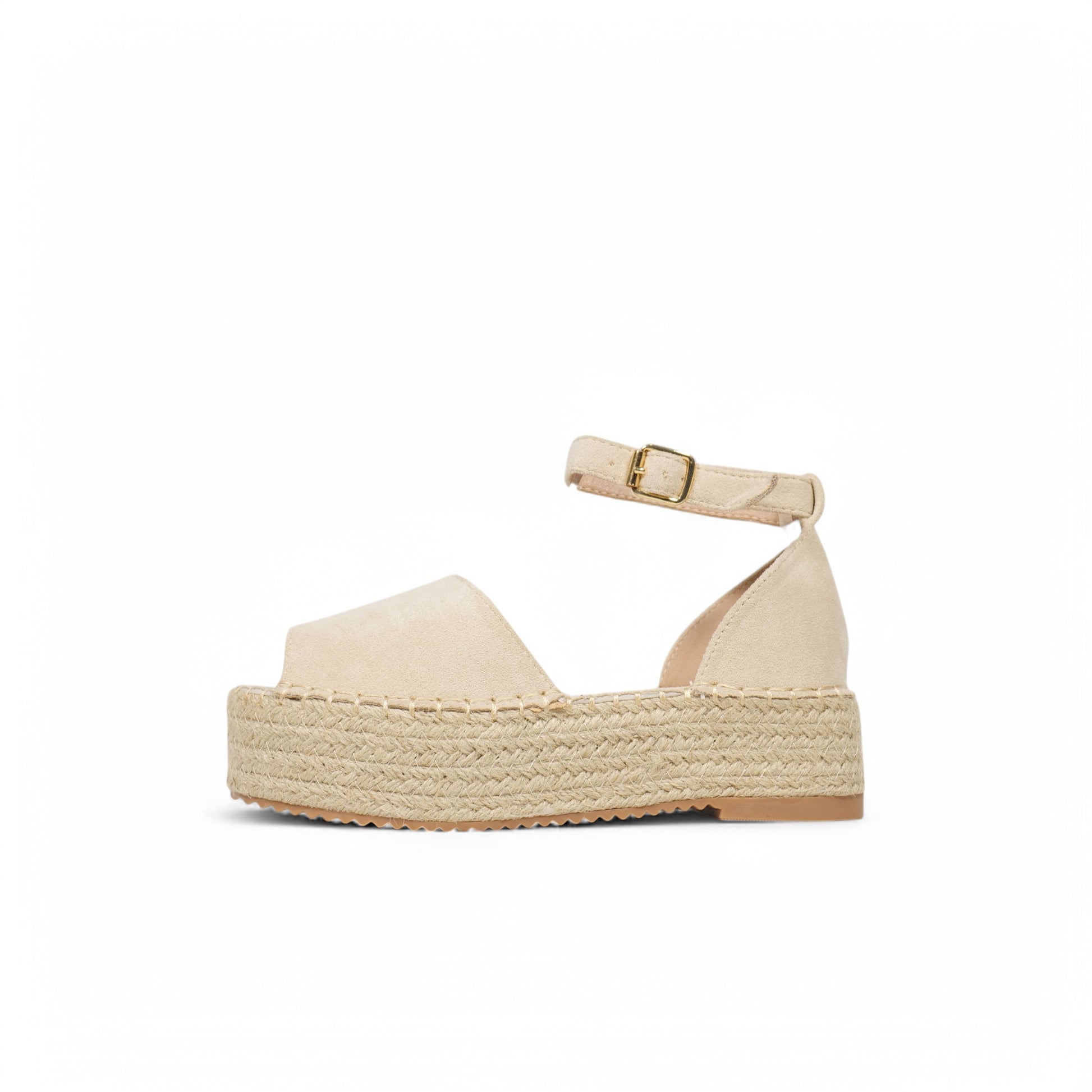 Sandalias con plataforma tipo alpargata para mujer, punta abierta y pulsera con hebilla – estilo casual de verano con suela de yute – disponibles en beige y dorado