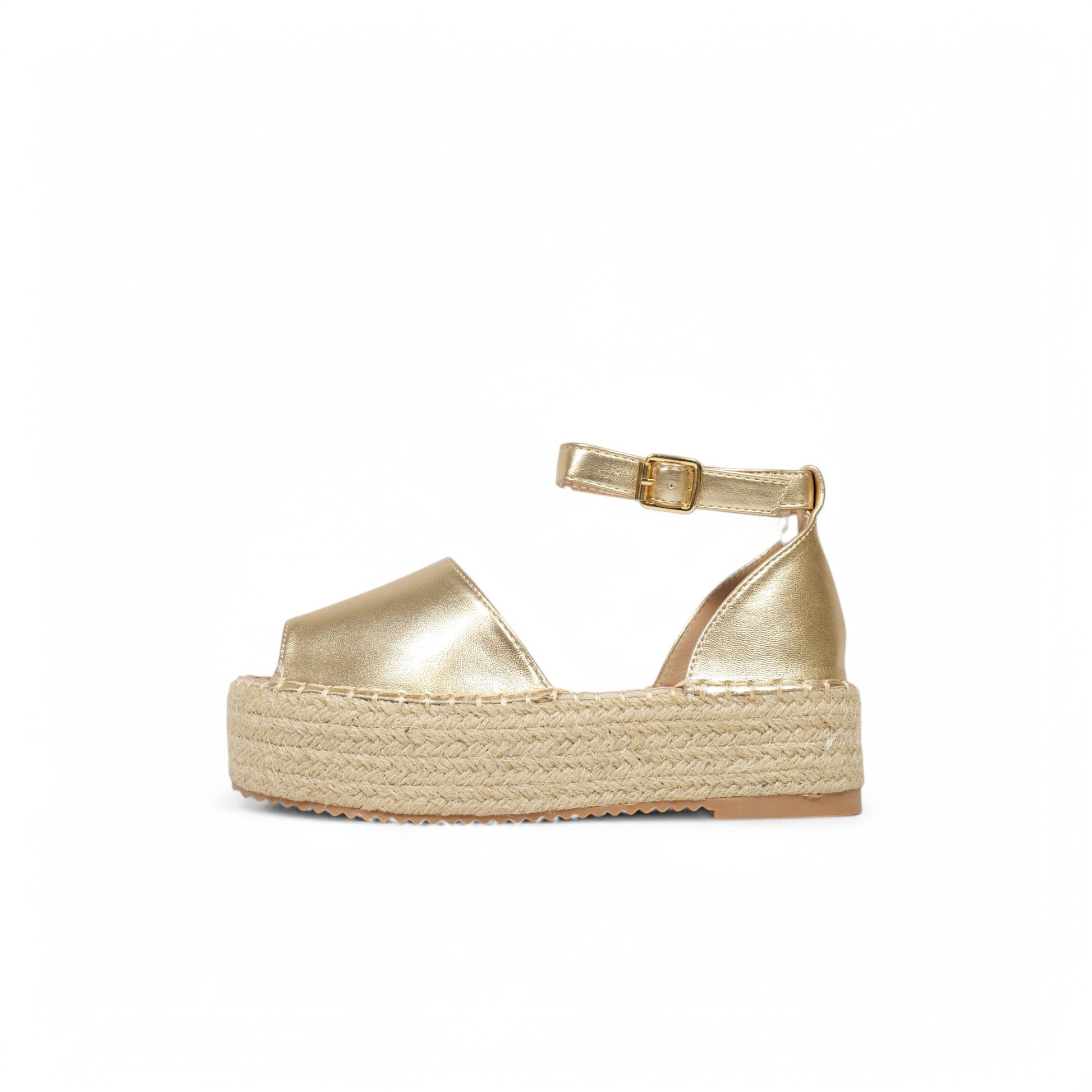 Sandalias con plataforma tipo alpargata para mujer, punta abierta y pulsera con hebilla – estilo casual de verano con suela de yute – disponibles en beige y dorado