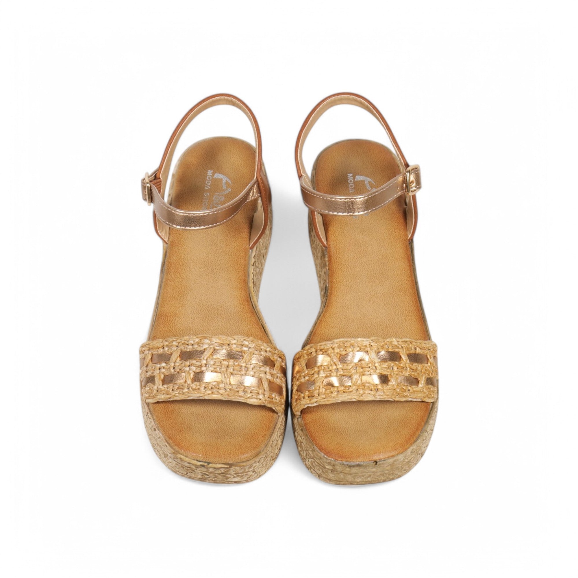 Sandalias de cuña con tira y destalonadas color marrón y blanco