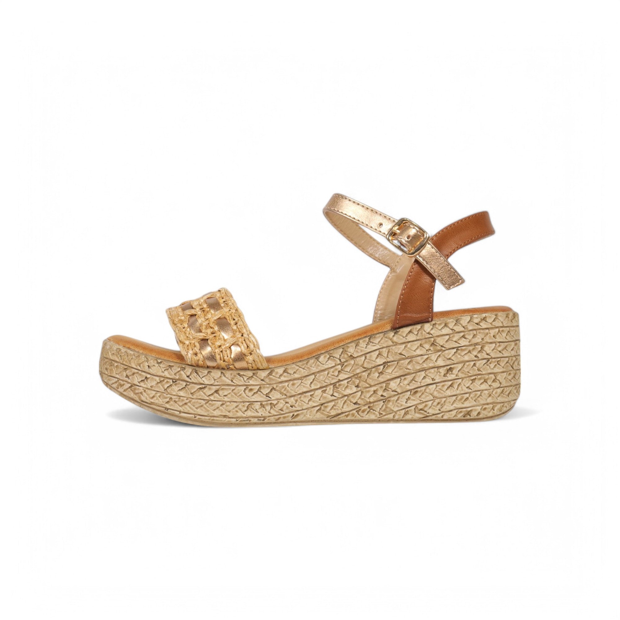 Sandalias de cuña con tira y destalonadas color marrón y blanco