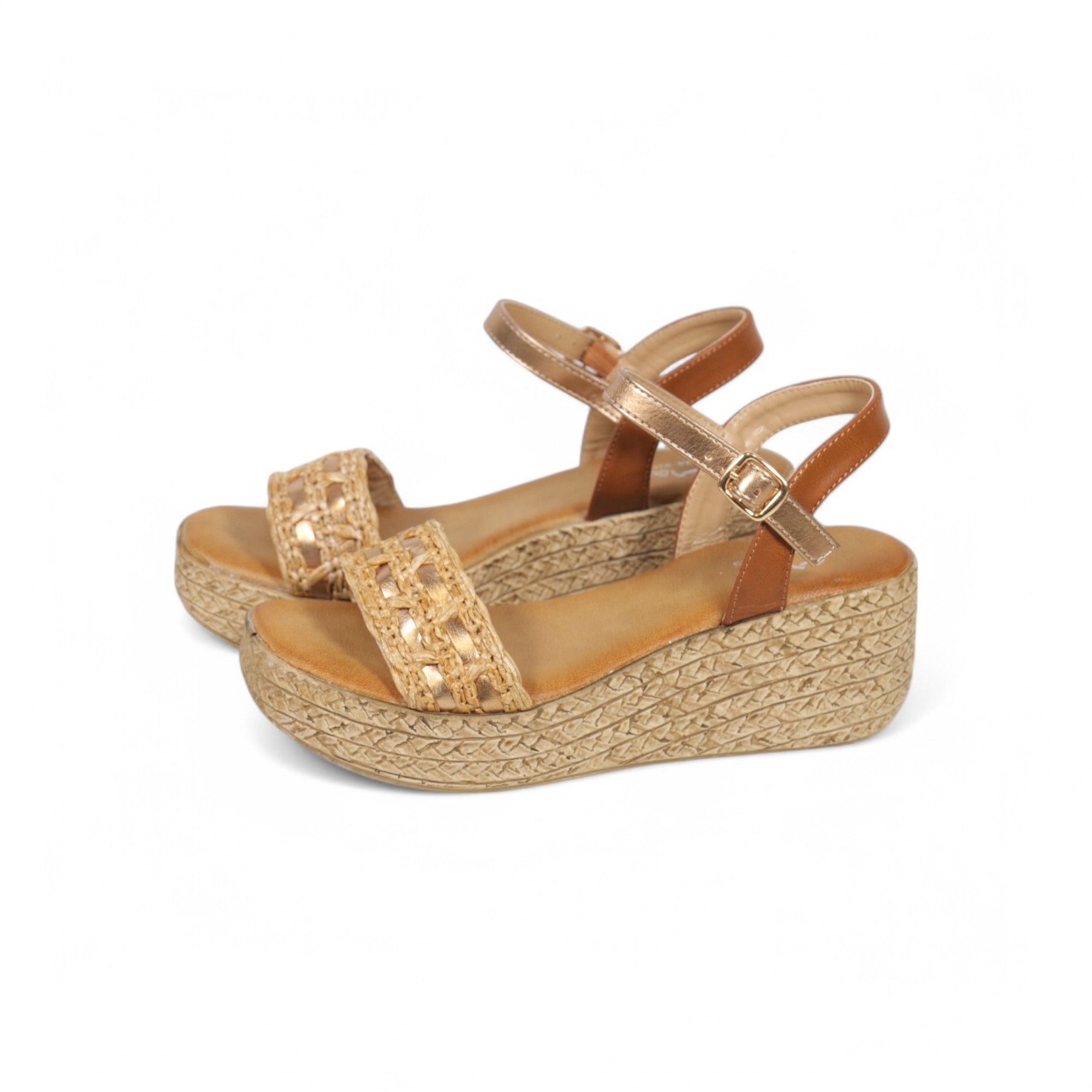 Sandalias de cuña con tira y destalonadas color marrón y blanco
