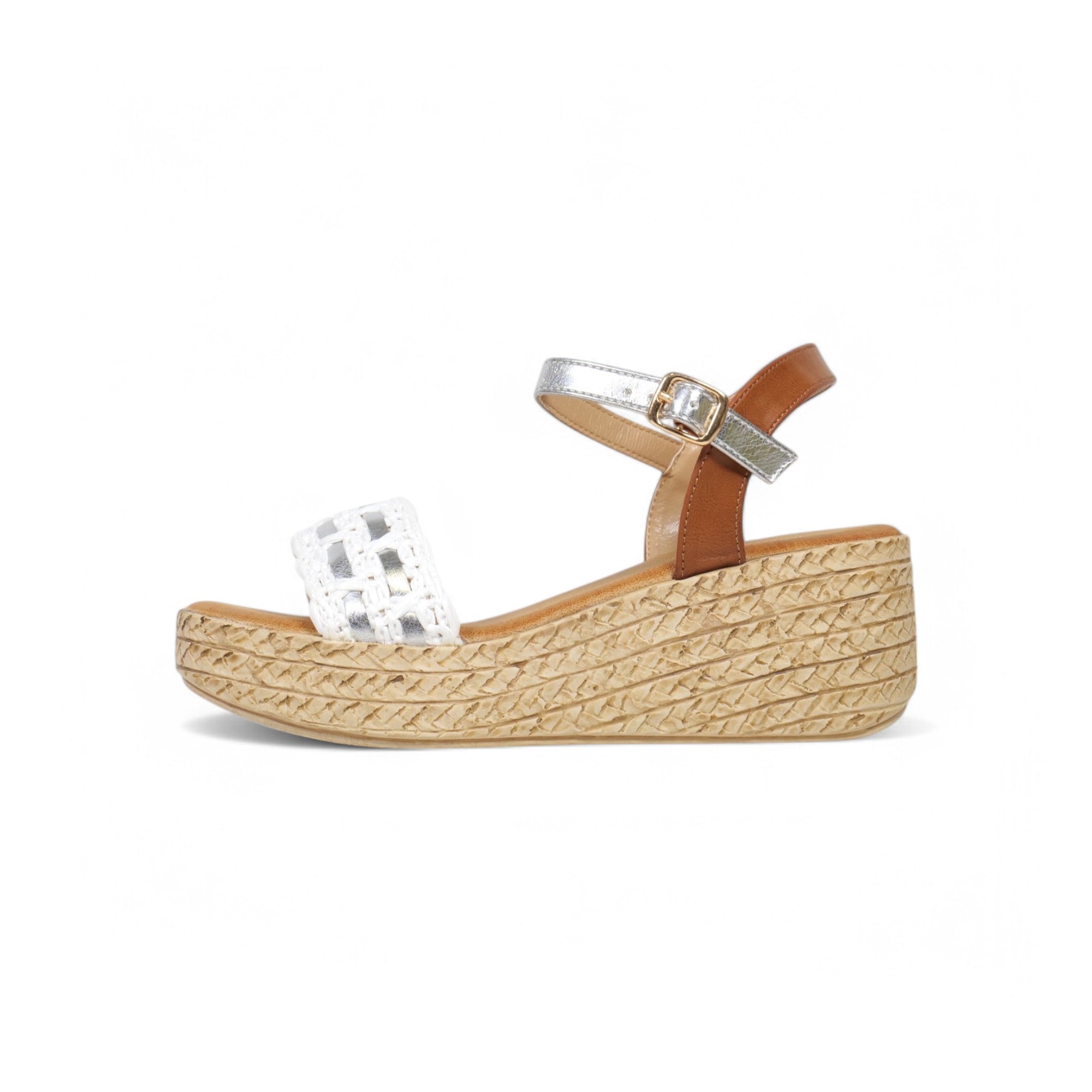 Sandalias de cuña con tira y destalonadas color marrón y blanco