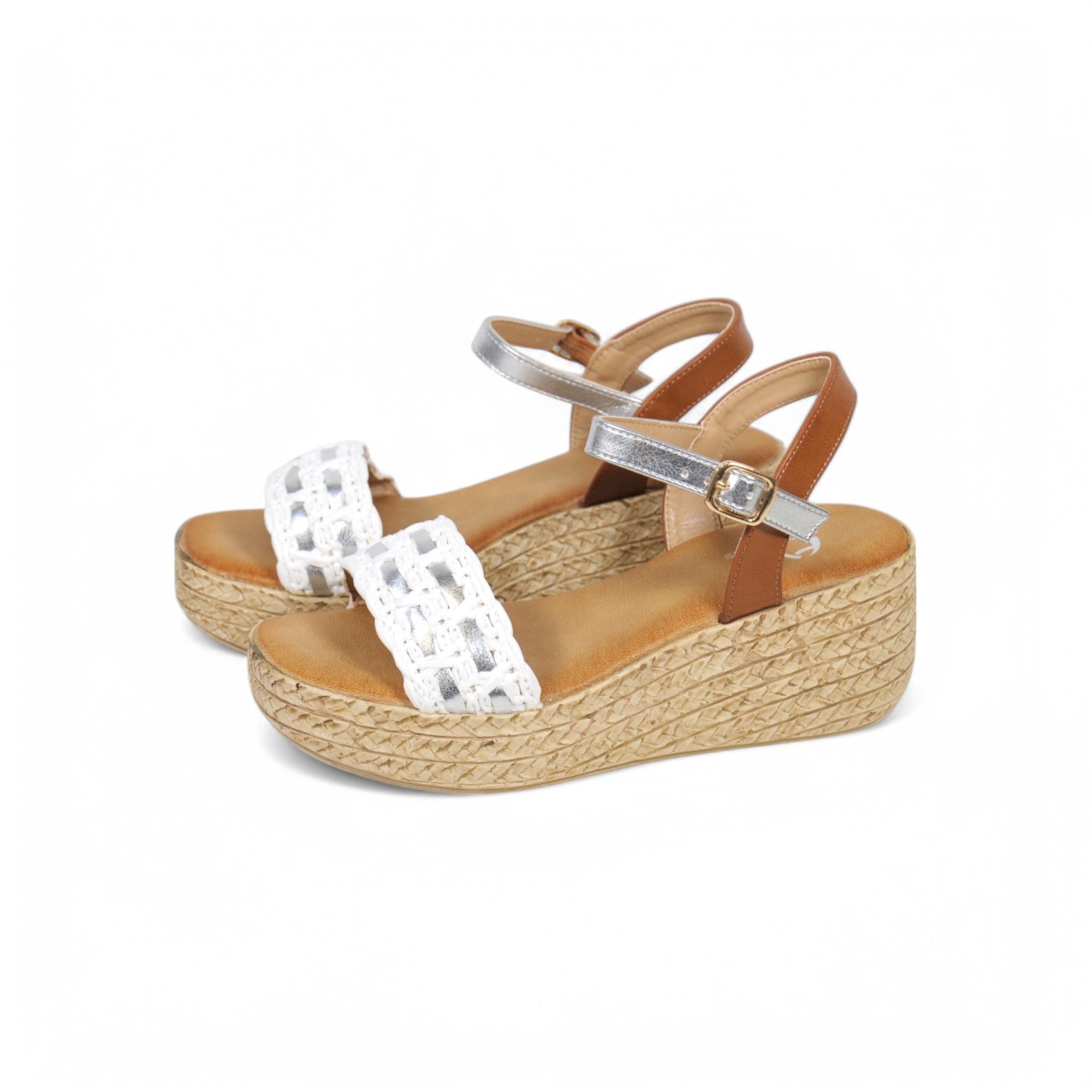 Sandalias de cuña con tira y destalonadas color marrón y blanco
