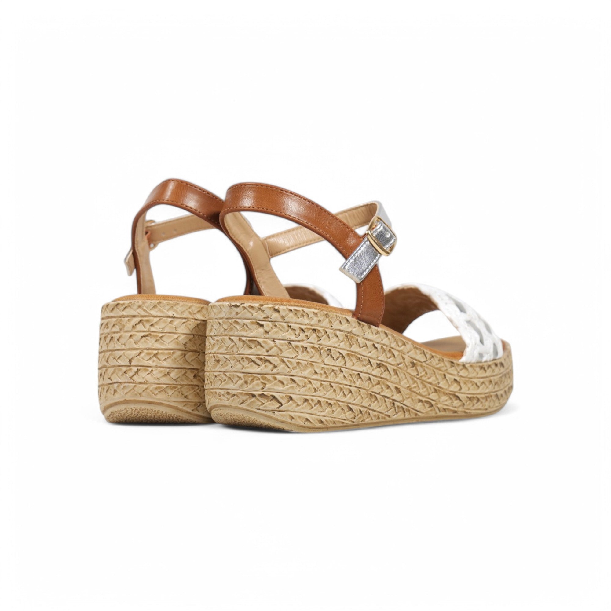 Sandalias de cuña con tira y destalonadas color marrón y blanco