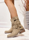Botas de Mujer Estilo Militar con Tacón Bajo, Hebillas Decorativas y Cremallera Lateral, Diseño Casual de Media Caña en Antelina  – Botines Otoño Invierno Modernos y Cómodos