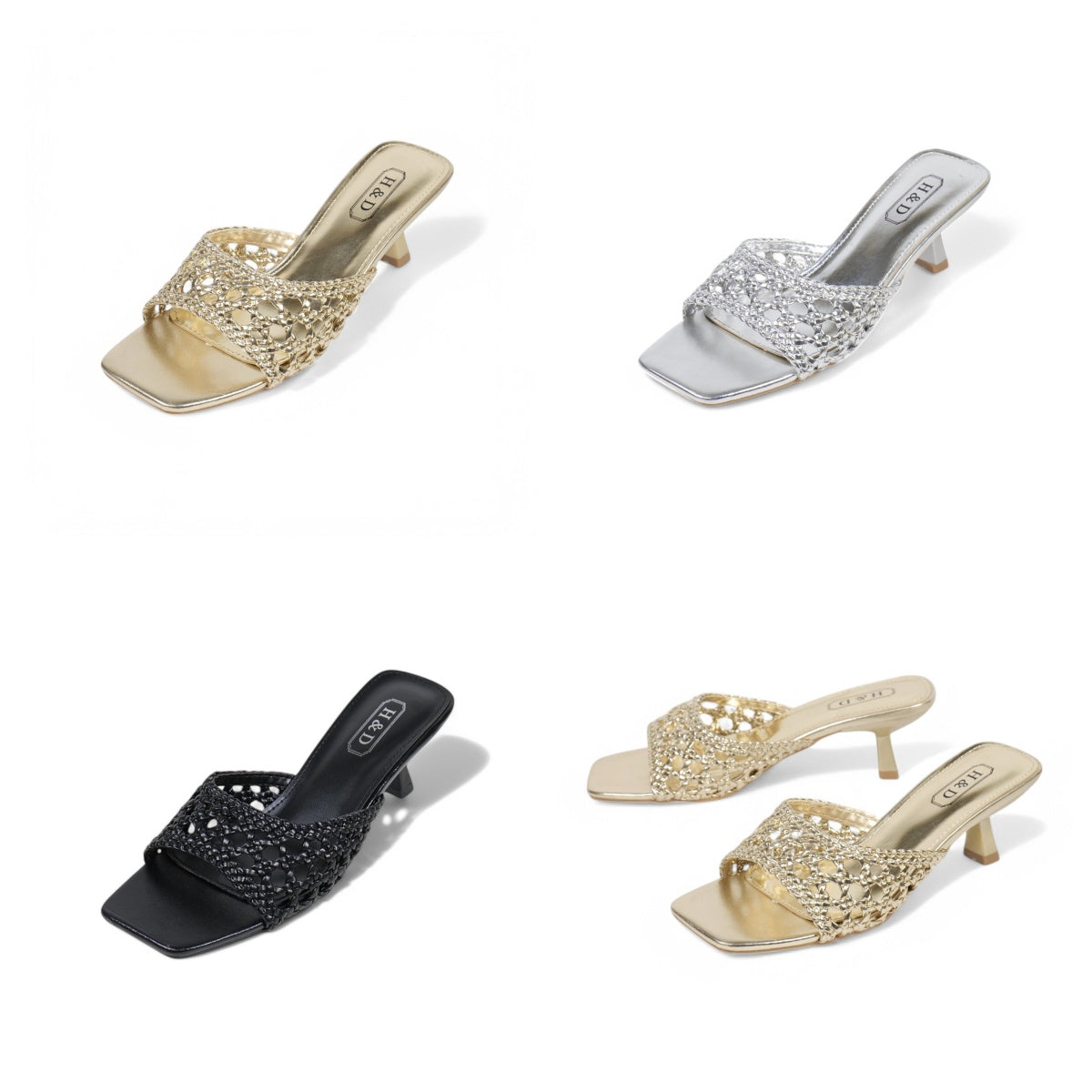 Sandalias de mujer de tacón Kitten Heels diseño trenzado metalizado