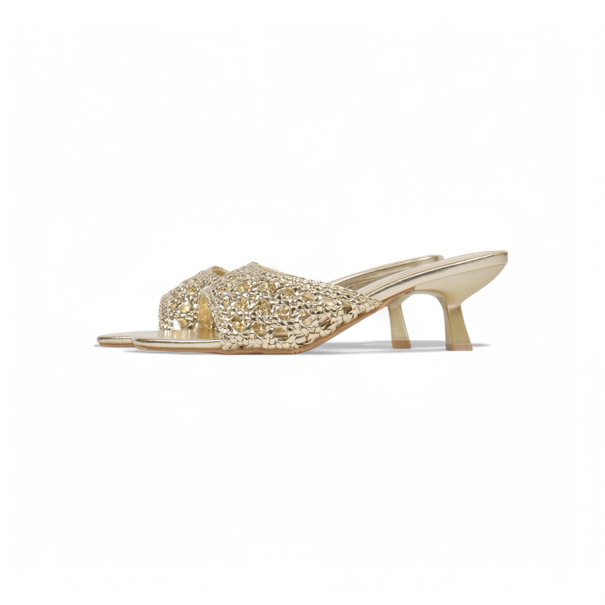 Sandalias de mujer de tacón Kitten Heels diseño trenzado metalizado