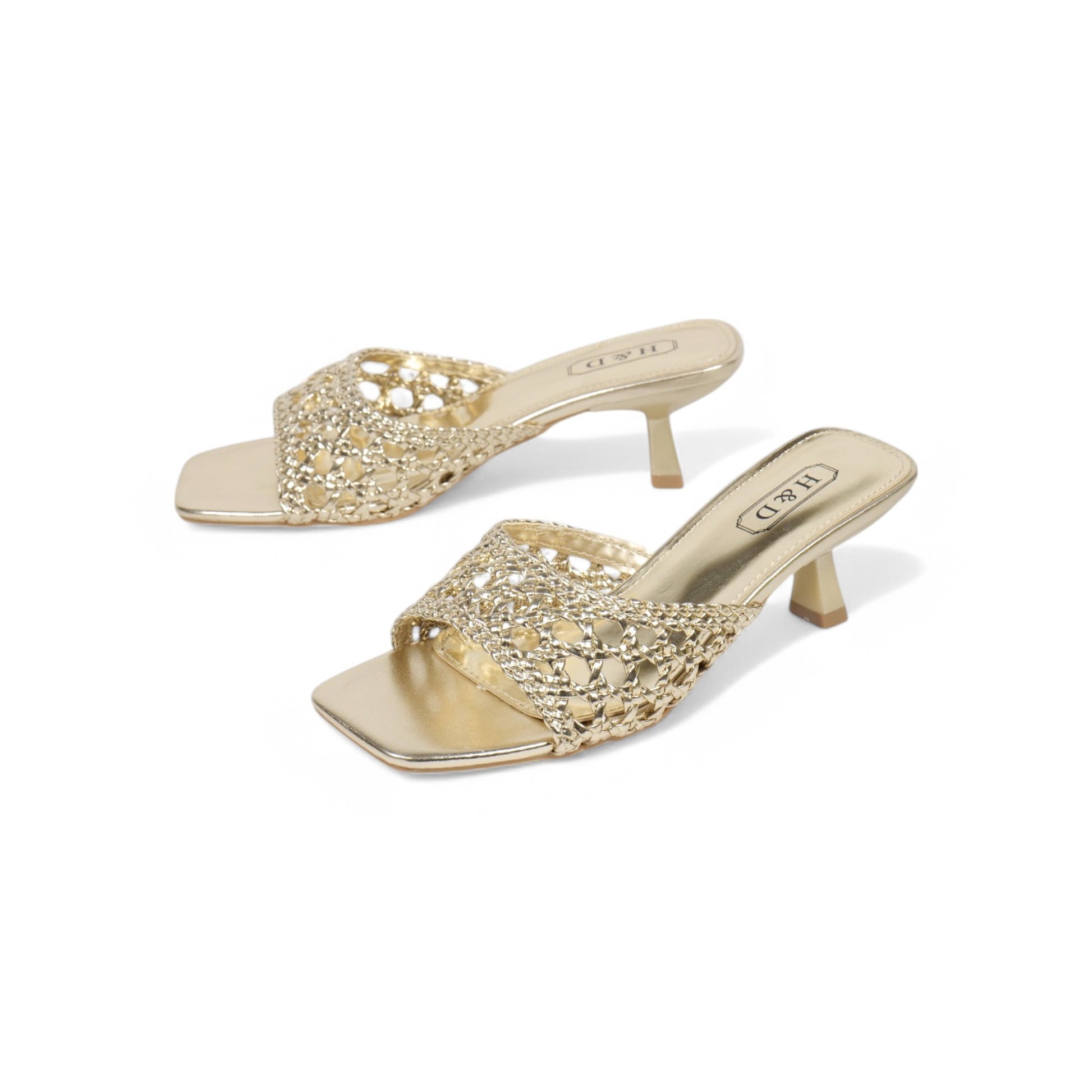 Sandalias de mujer de tacón Kitten Heels diseño trenzado metalizado
