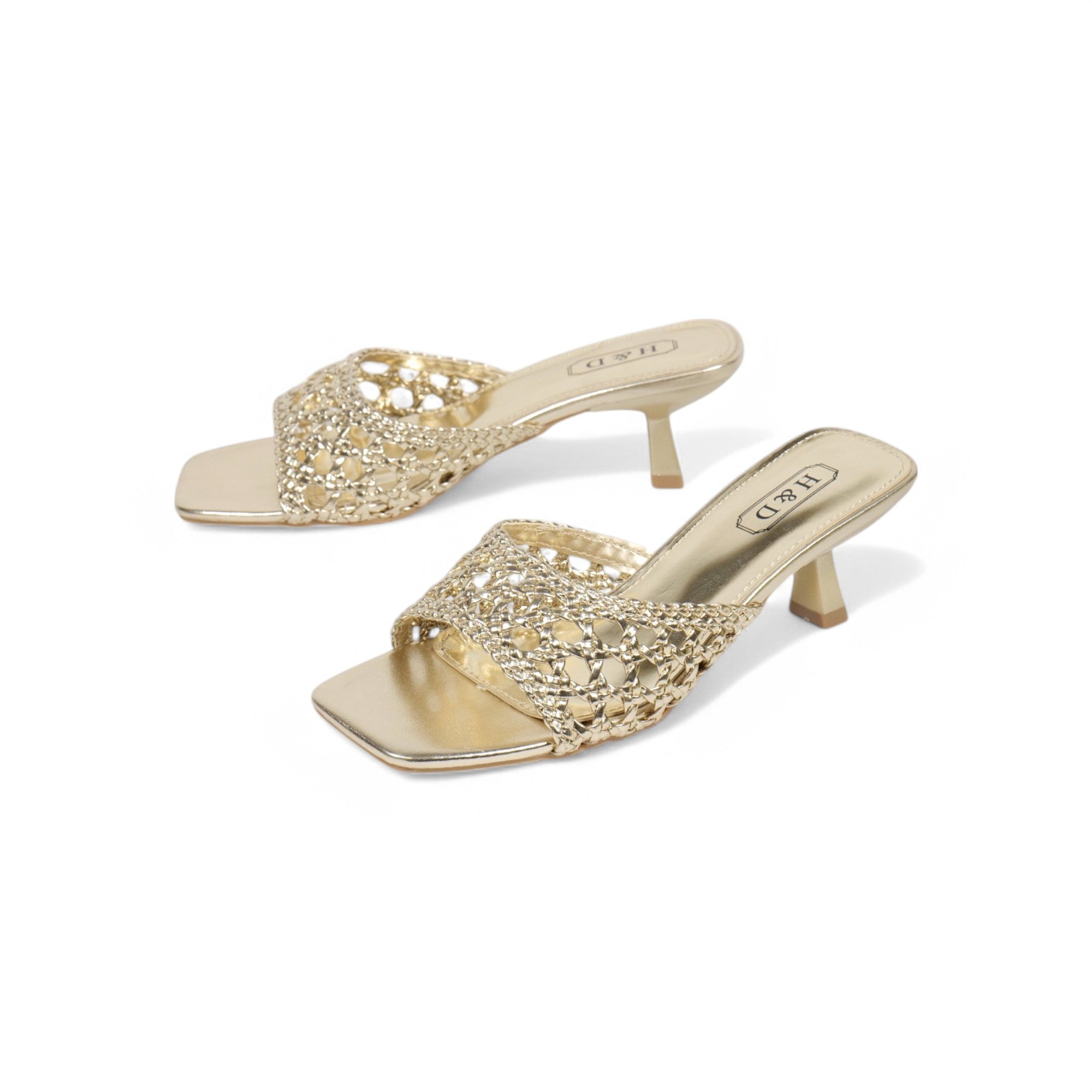 Sandalias de mujer de tacón Kitten Heels diseño trenzado metalizado