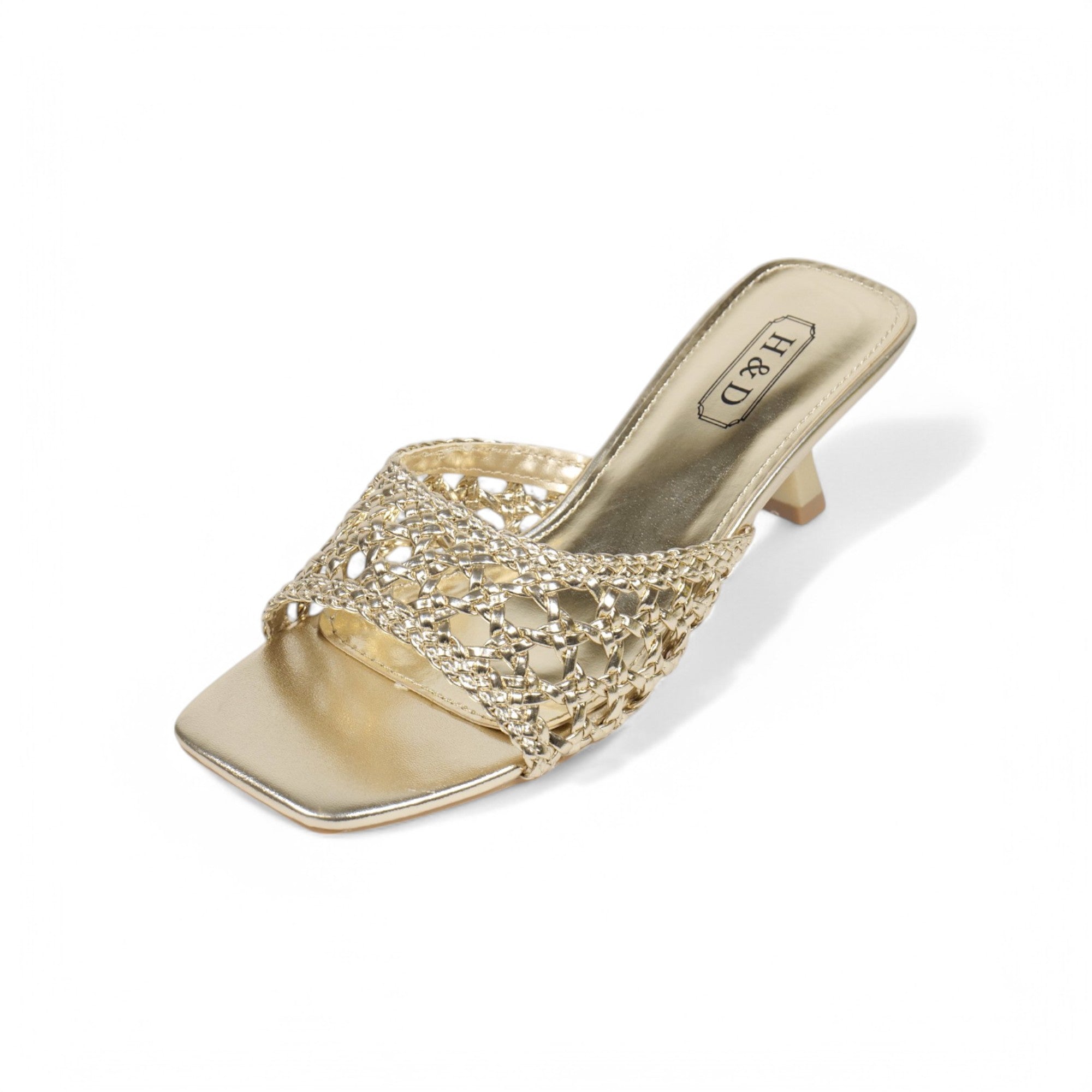 Sandalias de mujer de tacón Kitten Heels diseño trenzado metalizado