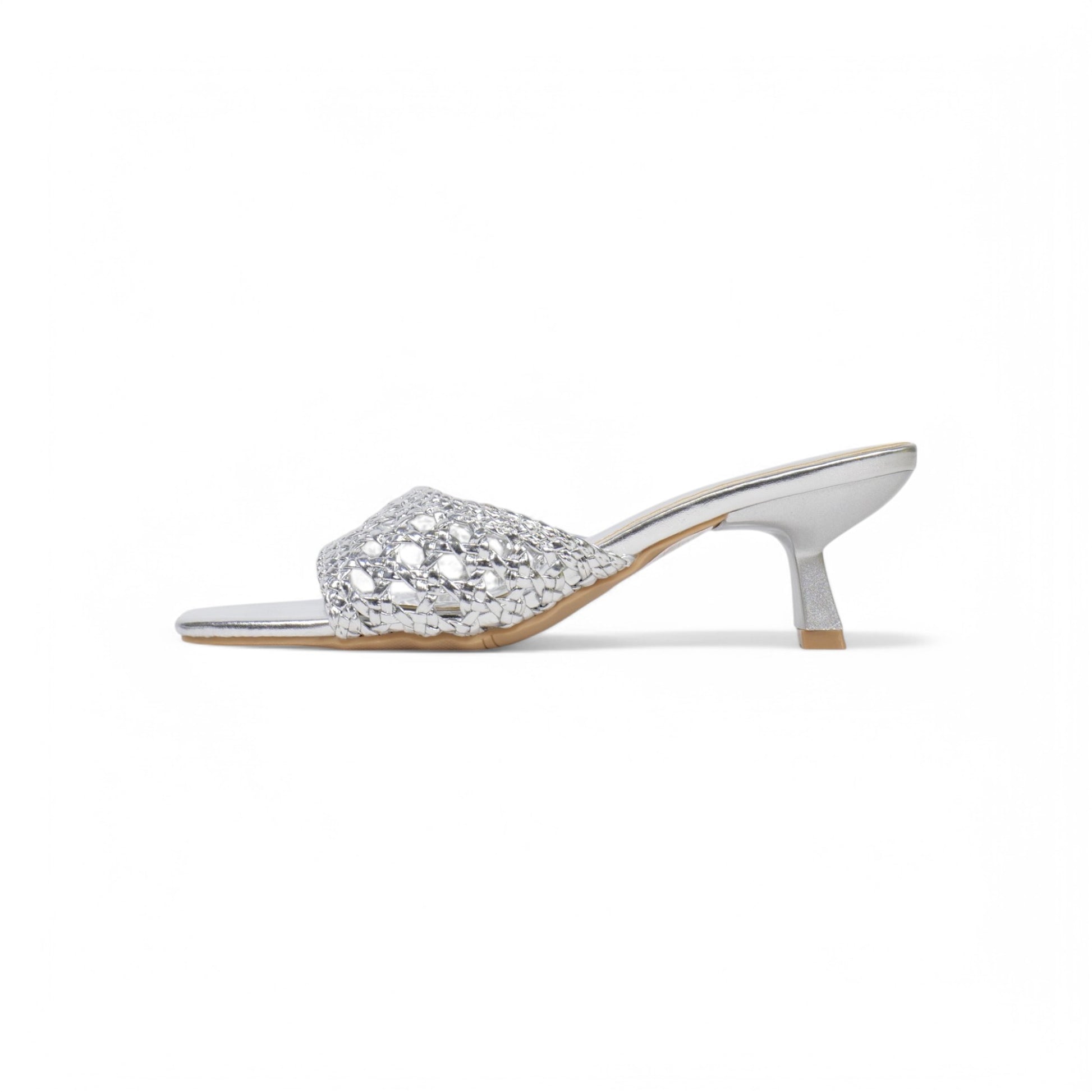 Sandalias de mujer de tacón Kitten Heels diseño trenzado metalizado