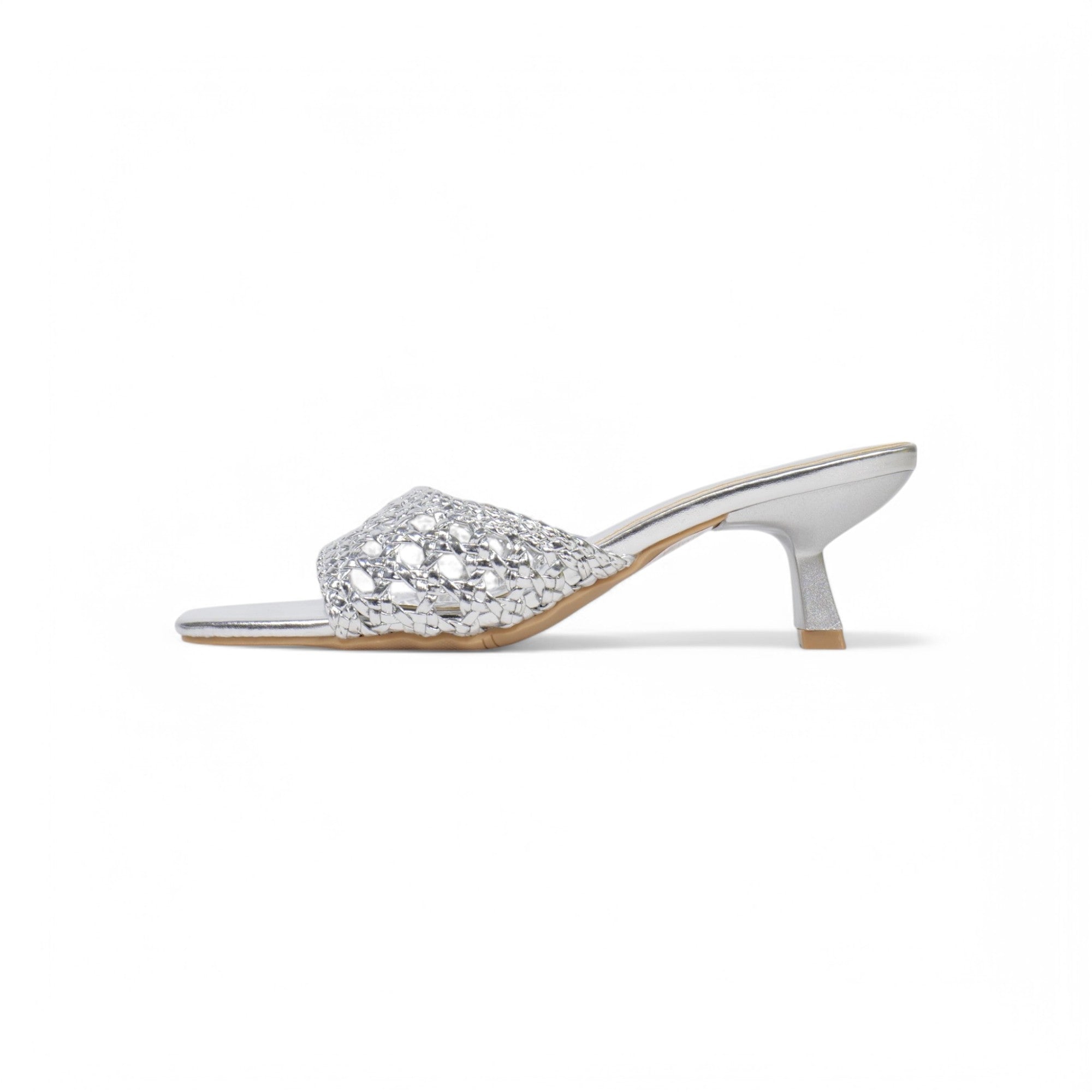Sandalias de mujer de tacón Kitten Heels diseño trenzado metalizado
