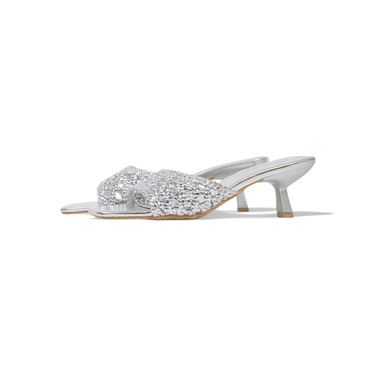 Sandalias de mujer de tacón Kitten Heels diseño trenzado metalizado