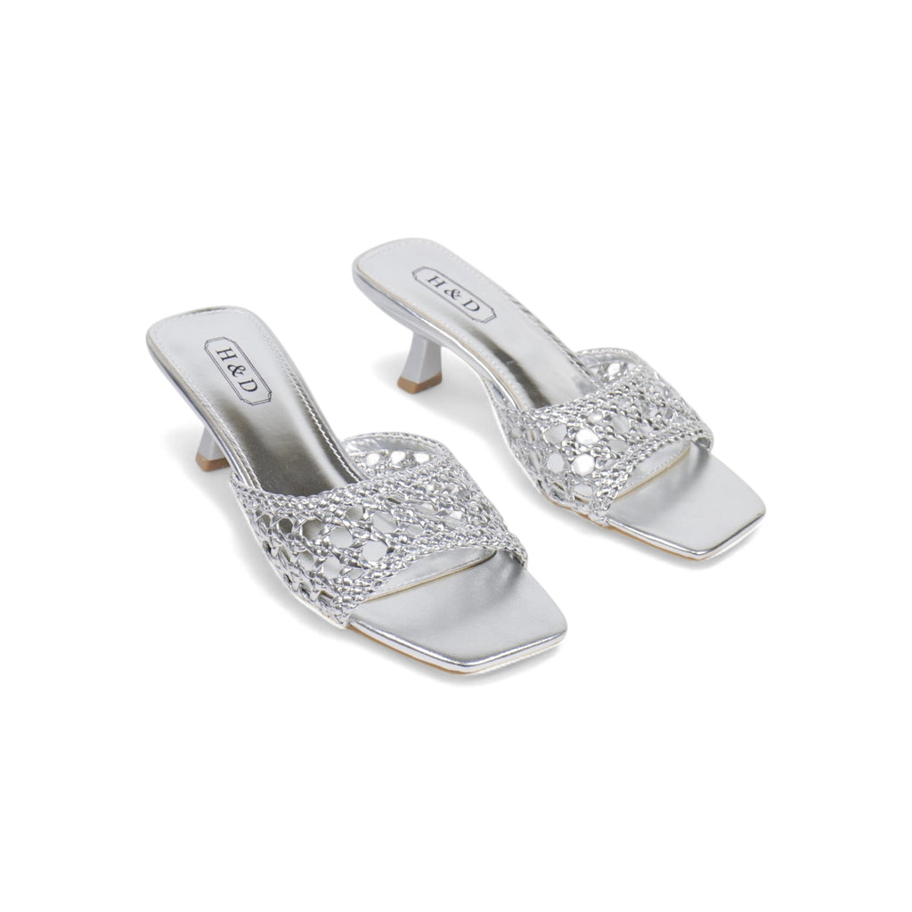 Sandalias de mujer de tacón Kitten Heels diseño trenzado metalizado