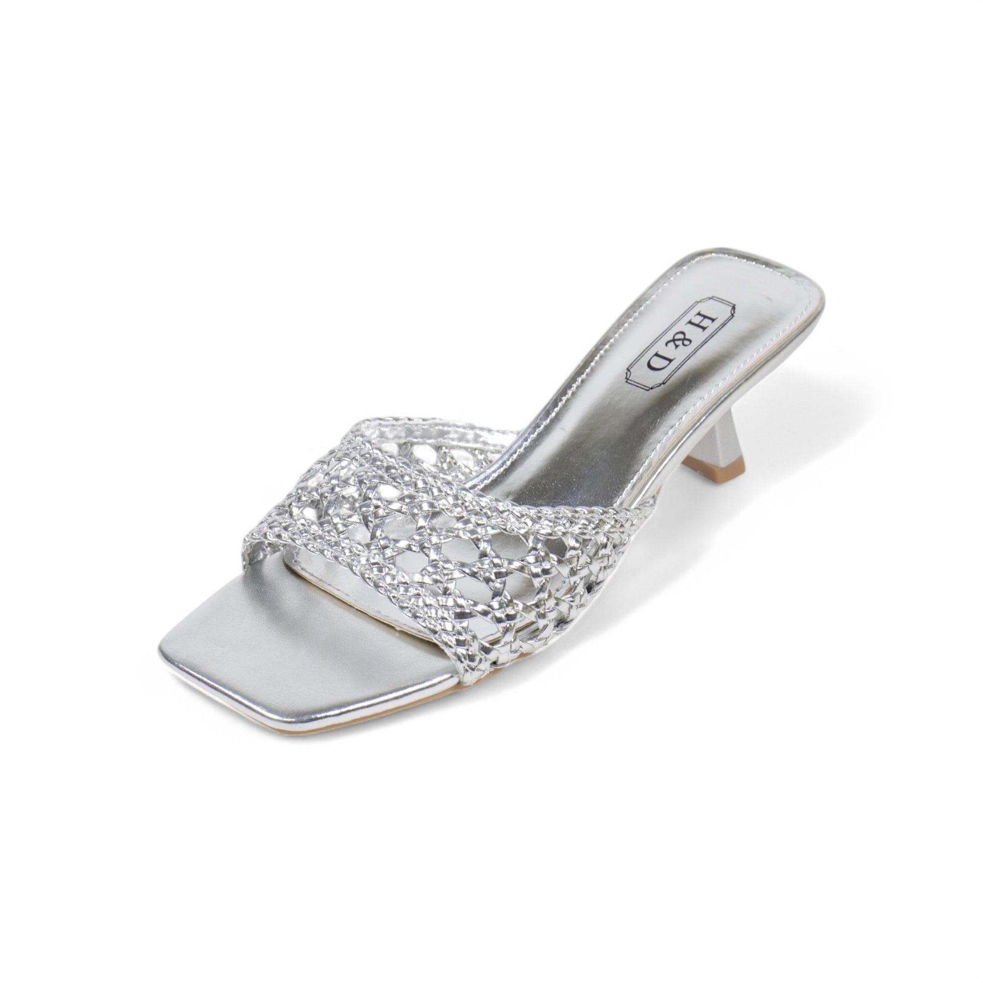 Sandalias de mujer de tacón Kitten Heels diseño trenzado metalizado