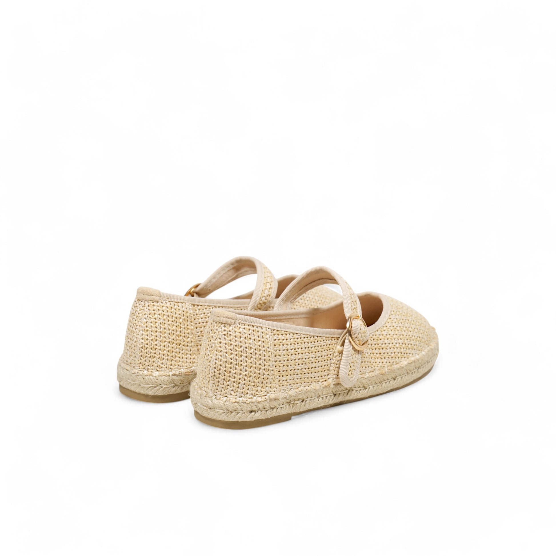 Alpargatas planas tipo merceditas para mujer con suela de yute, tira ajustable con hebilla y diseño clásico, ideales para verano y entretiempo, disponibles en beige liso, beige tejido y negro