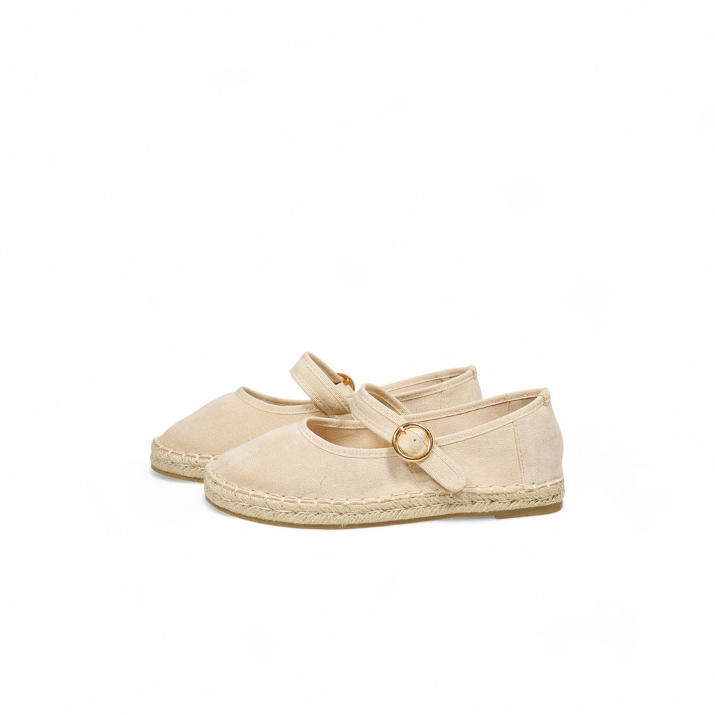 Alpargatas planas tipo merceditas para mujer con suela de yute, tira ajustable con hebilla y diseño clásico, ideales para verano y entretiempo, disponibles en beige liso, beige tejido y negro