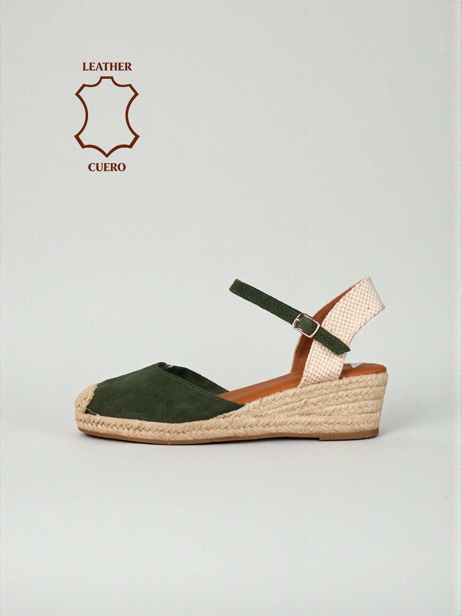 Sandalias tipo alpargatas de mujer con cuña de esparto y pulsera ajustable, punta cerrada estilo valenciana, acabado en cuero tipo gamuza, cómodas y ligeras para verano, disponibles en negro, verde, beige y camel