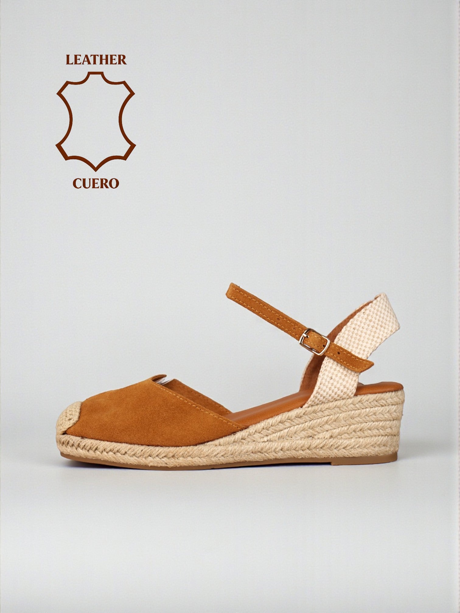 Sandalias tipo alpargatas de mujer con cuña de esparto y pulsera ajustable, punta cerrada estilo valenciana, acabado en cuero tipo gamuza, cómodas y ligeras para verano, disponibles en negro, verde, beige y camel