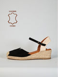 Sandalias tipo alpargatas de mujer con cuña de esparto y pulsera ajustable, punta cerrada estilo valenciana, acabado en cuero tipo gamuza, cómodas y ligeras para verano, disponibles en negro, verde, beige y camel