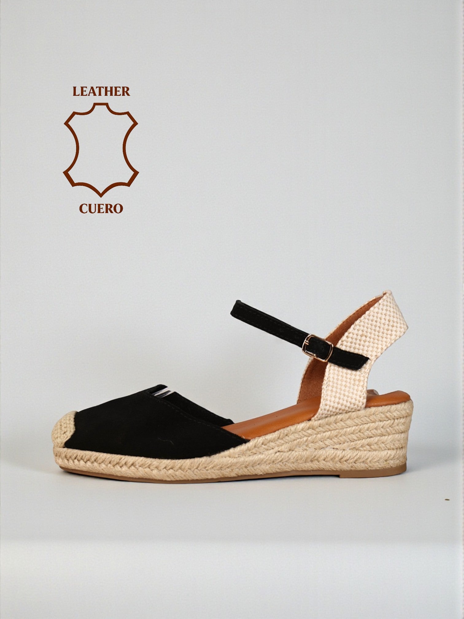 Sandalias tipo alpargatas de mujer con cuña de esparto y pulsera ajustable, punta cerrada estilo valenciana, acabado en cuero tipo gamuza, cómodas y ligeras para verano, disponibles en negro, verde, beige y camel