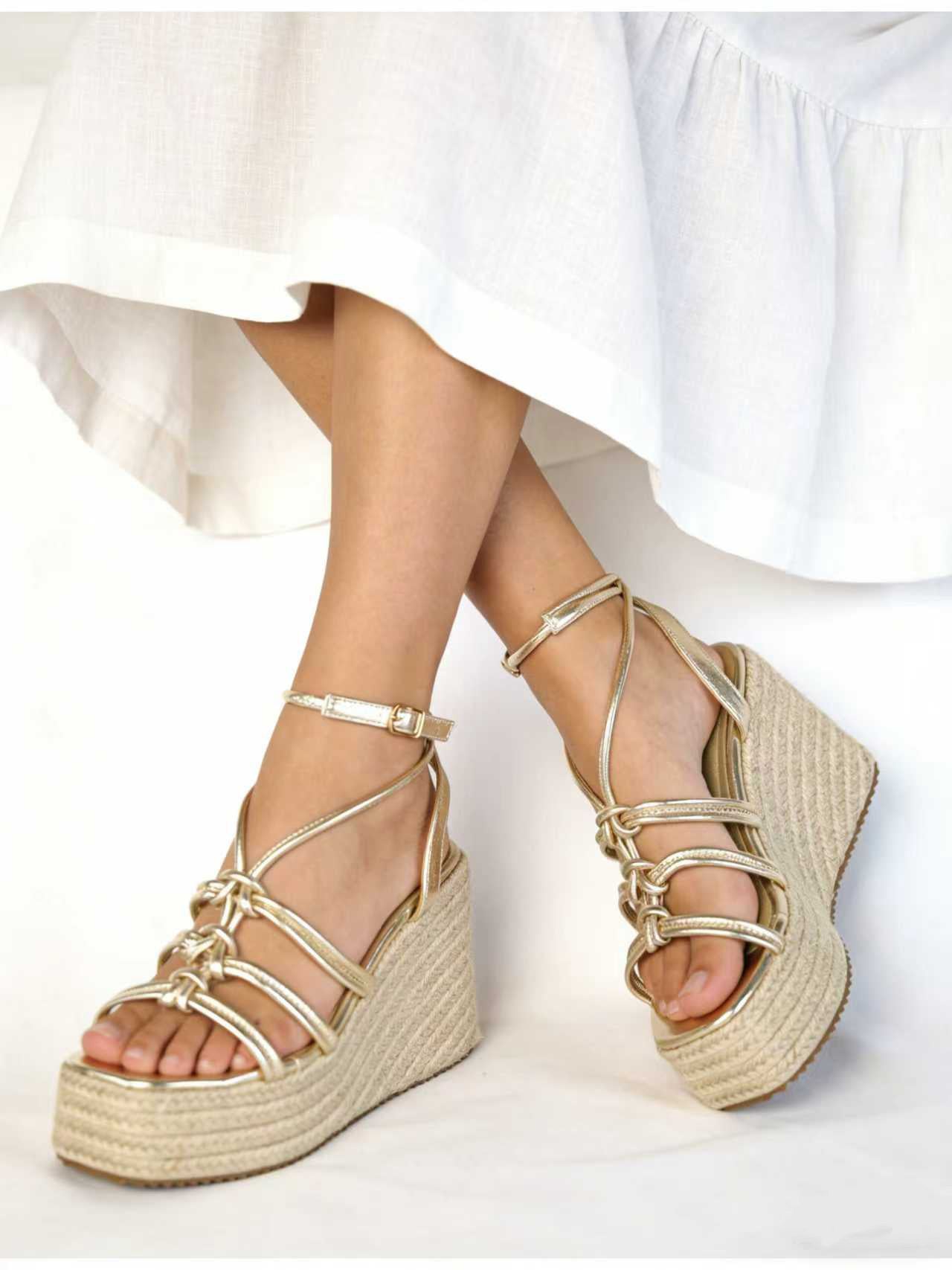 Sandalias de Cuña Mujer con Plataforma Alta Efecto Yute y Tiras con Nudos Decorativos, Sandalia con Pulsera Ajustable de Cuero Sintético para Verano, Fiesta, Vacaciones y Event