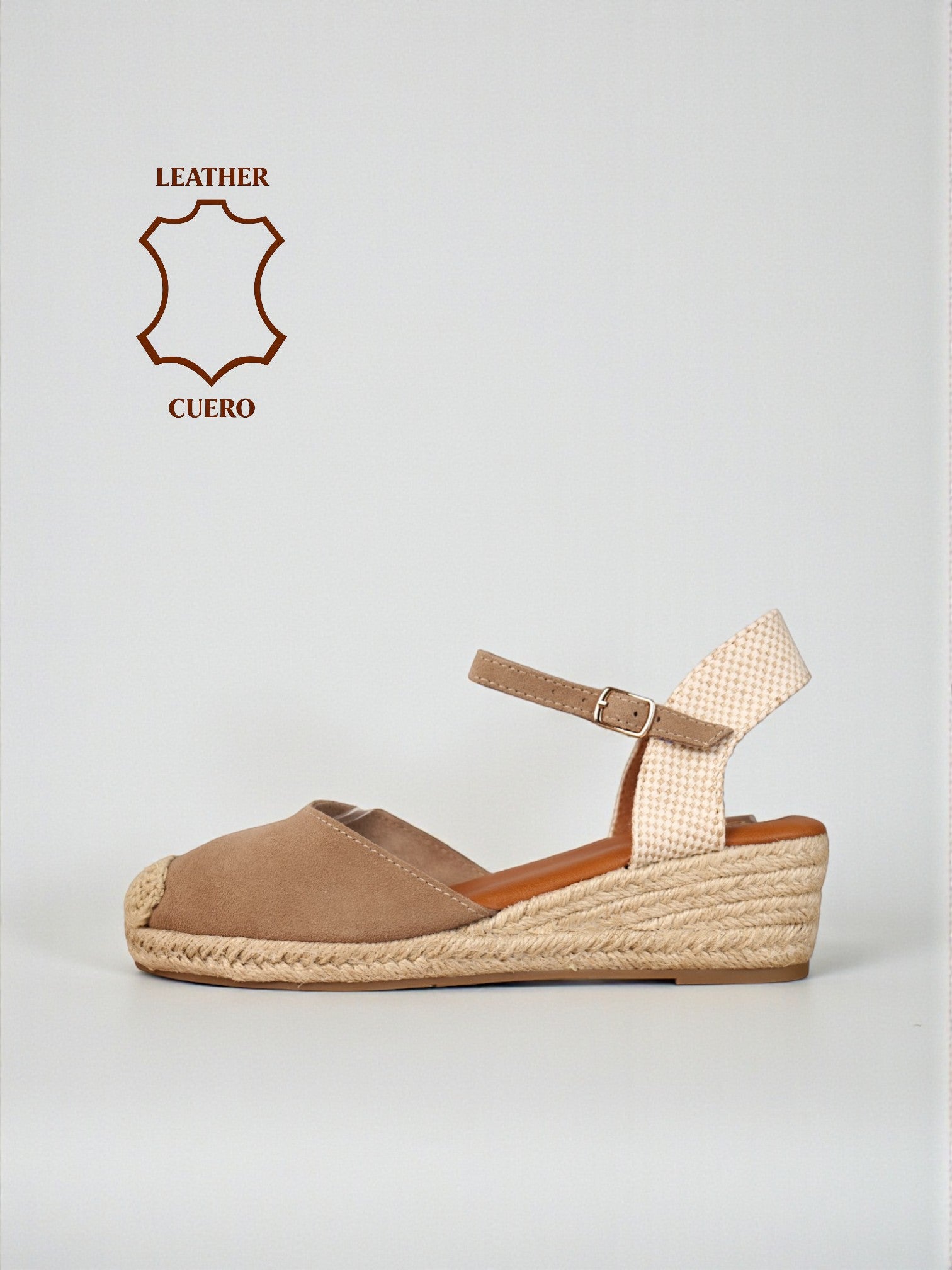 Sandalias tipo alpargatas de mujer con cuña de esparto y pulsera ajustable, punta cerrada estilo valenciana, acabado en cuero tipo gamuza, cómodas y ligeras para verano, disponibles en negro, verde, beige y camel