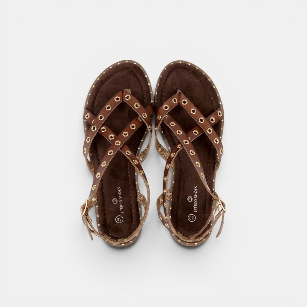 Sandalias Romanas con Tachuelas - Suela flexible y plantilla acolchada - Tachuelas doradas y tiras cruzadas para mujer, estilo casual elegante para verano, ideales para combinar con vestidos largos, faldas boho y looks de vacaciones