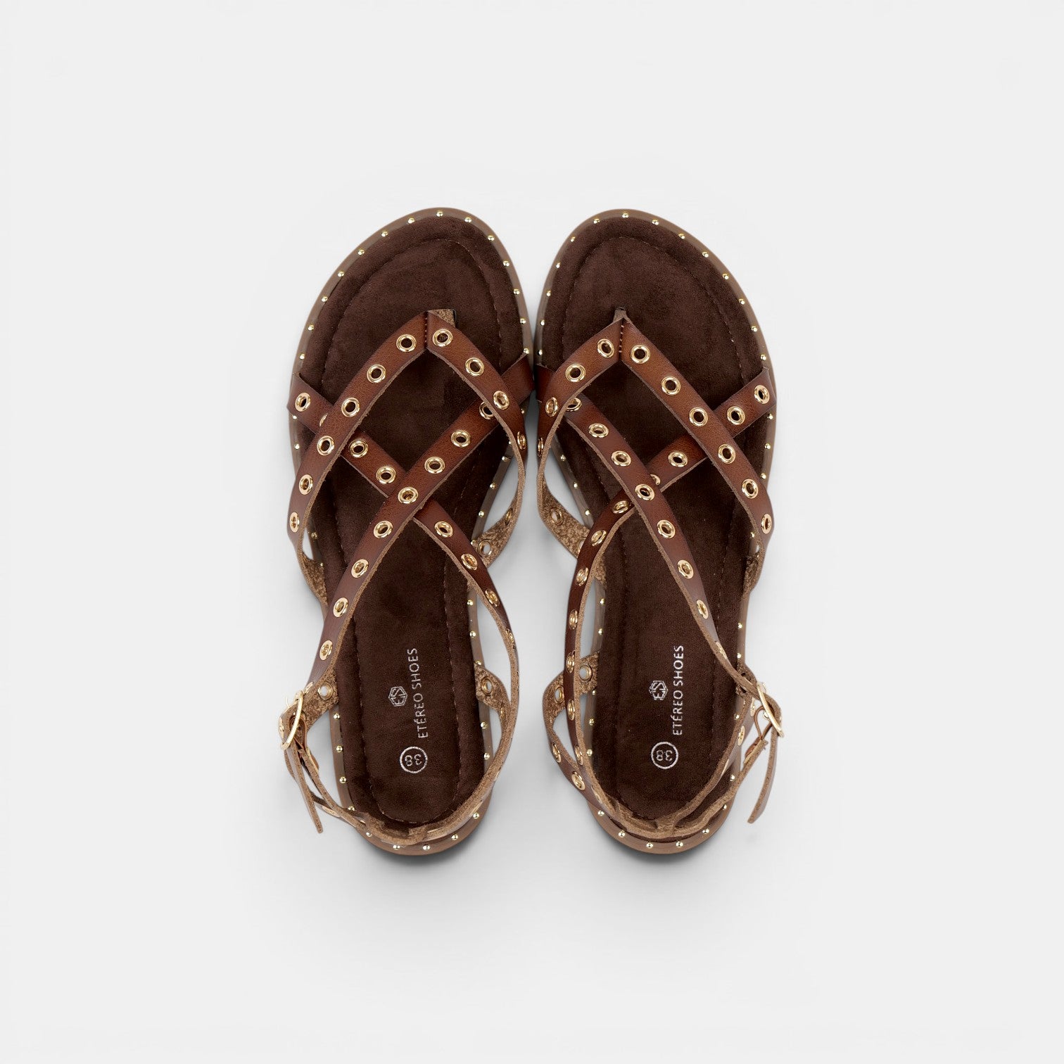Sandalias Romanas con Tachuelas - Suela flexible y plantilla acolchada - Tachuelas doradas y tiras cruzadas para mujer, estilo casual elegante para verano, ideales para combinar con vestidos largos, faldas boho y looks de vacaciones