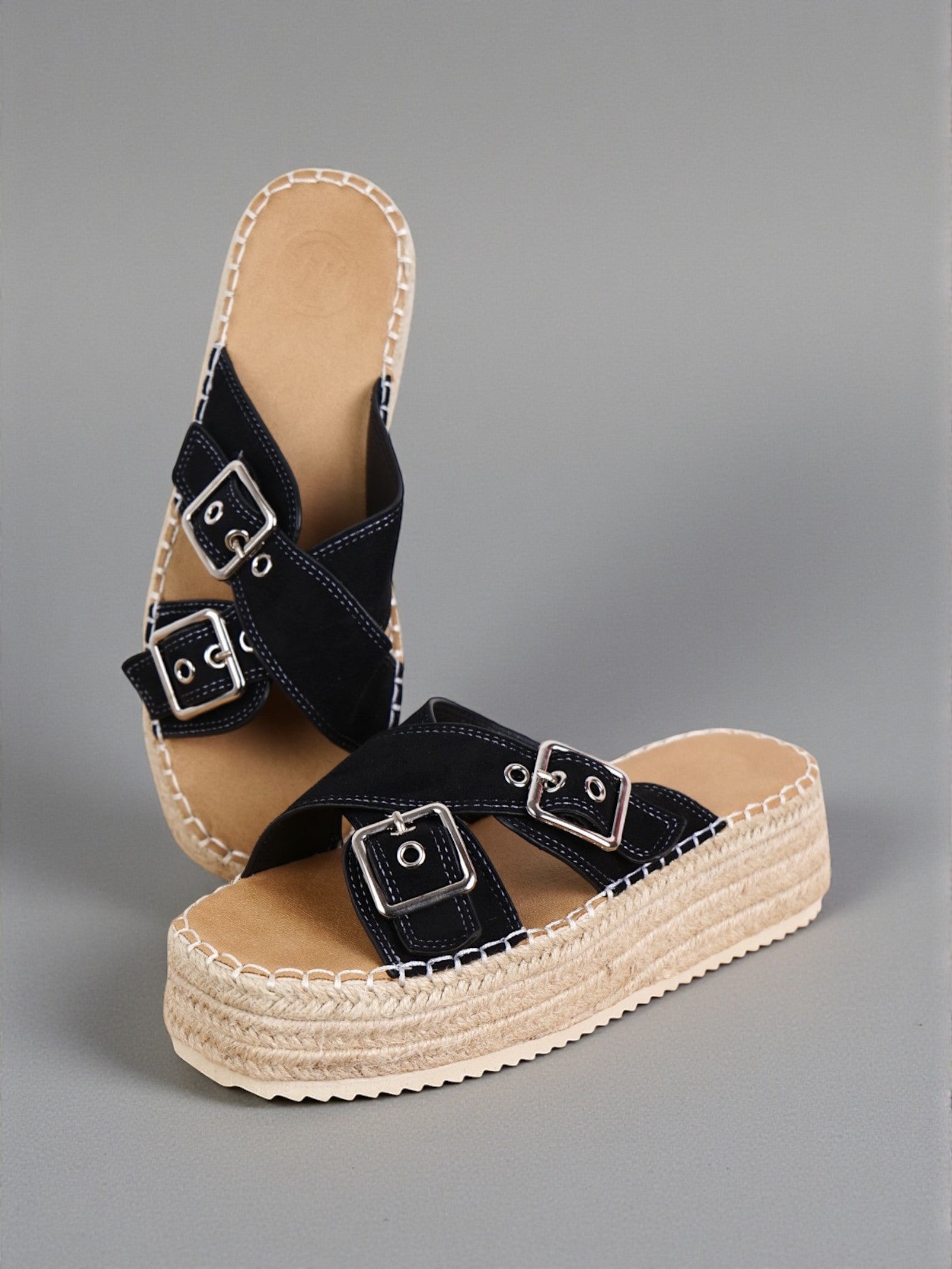 Sandalias Mujer doble tira cruzada con Plataforma de Yute Trenzado, Doble Hebilla Metálica Ajustable, Tiras Cruzadas Anchas, Suela Antideslizante, Estilo Espadrille Casual Verano en Cuero Sintético Negro