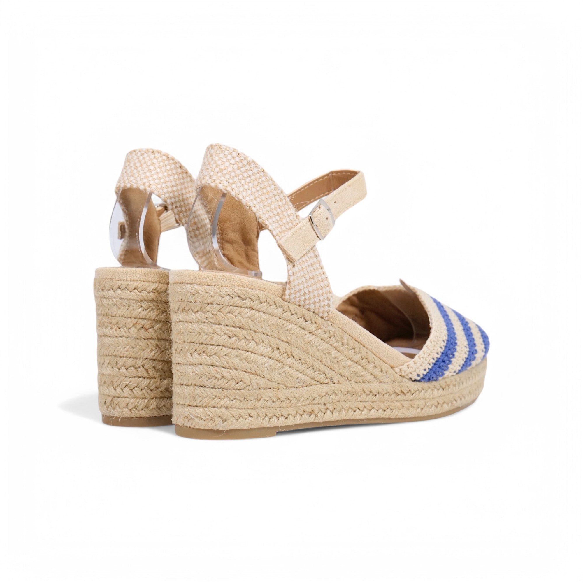 Alpargatas de cuña baja para mujer con rayas tejidas estilo marinero, sandalias espadrille con puntera cerrada y plataforma de yute trenzado, pulsera al tobillo con hebilla ajustable, zapatos casuales de verano en tonos beige y azul