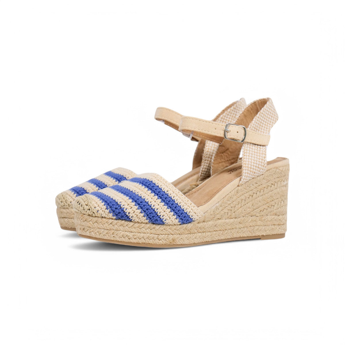 Alpargatas de cuña baja para mujer con rayas tejidas estilo marinero, sandalias espadrille con puntera cerrada y plataforma de yute trenzado, pulsera al tobillo con hebilla ajustable, zapatos casuales de verano en tonos beige y azul