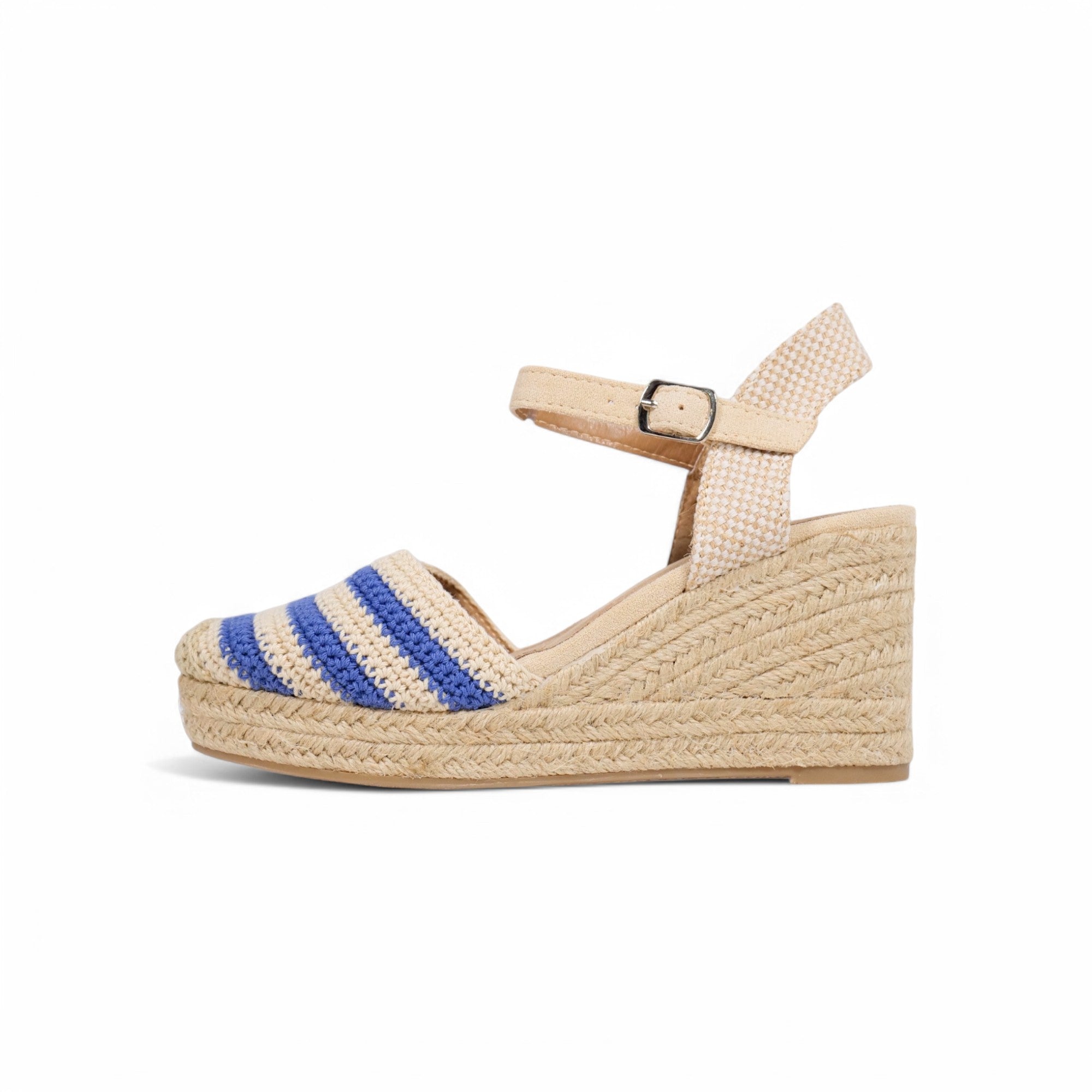 Alpargatas de cuña baja para mujer con rayas tejidas estilo marinero, sandalias espadrille con puntera cerrada y plataforma de yute trenzado, pulsera al tobillo con hebilla ajustable, zapatos casuales de verano en tonos beige y azul